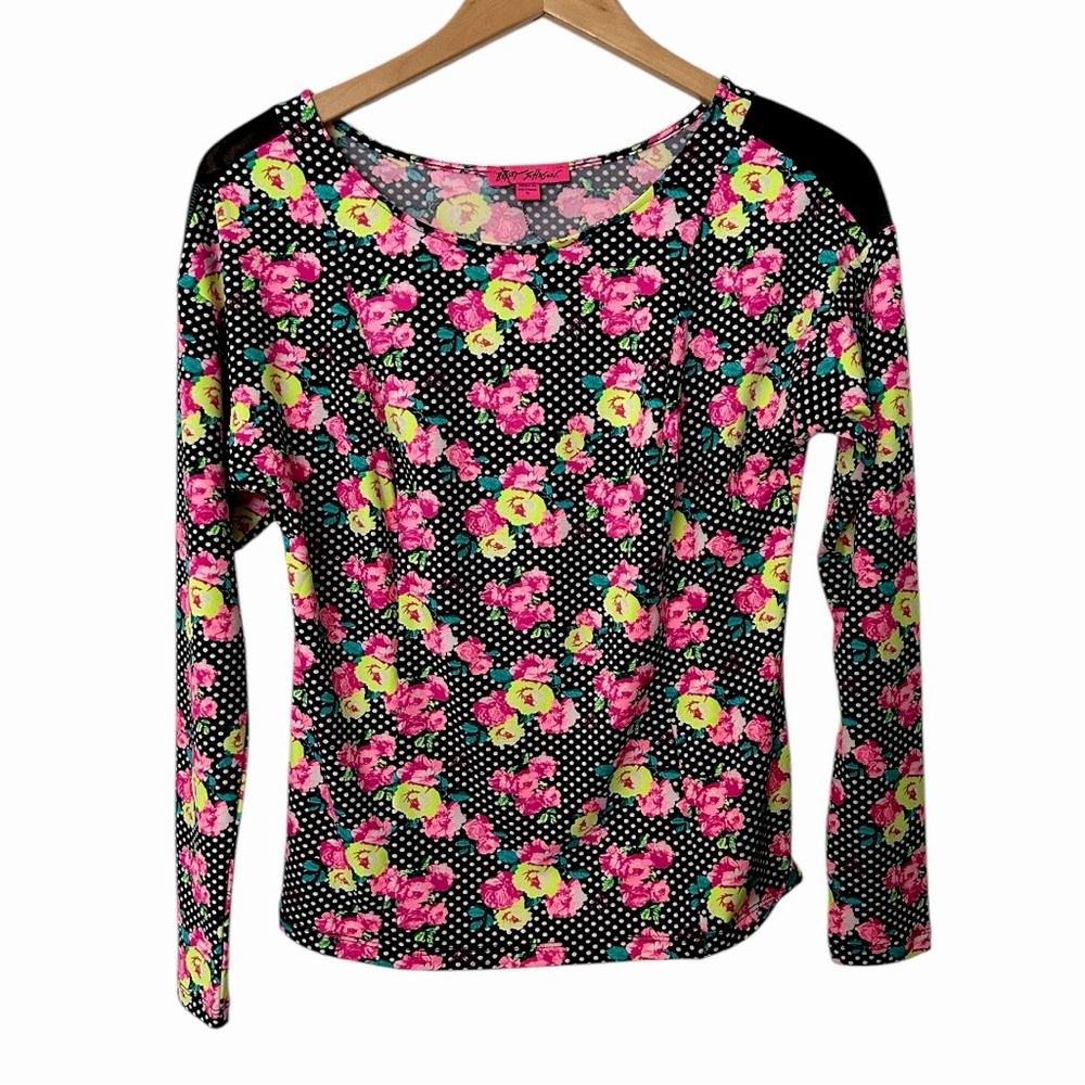 Betsey Johnson Floral & Polka Dot Stretch Blouse Size Small FLAW Loose Thread